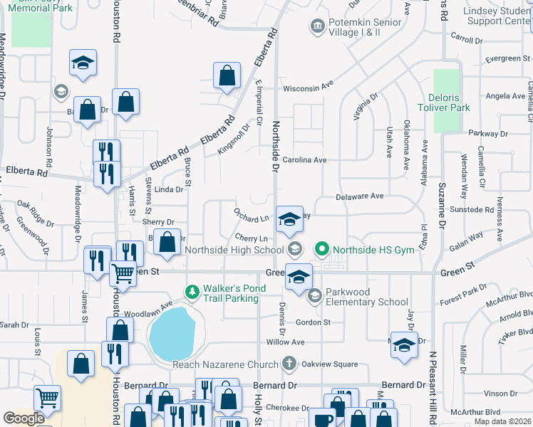 map of restaurants, bars, coffee shops, grocery stores, and more near 300 Orchard Lane in Warner Robins