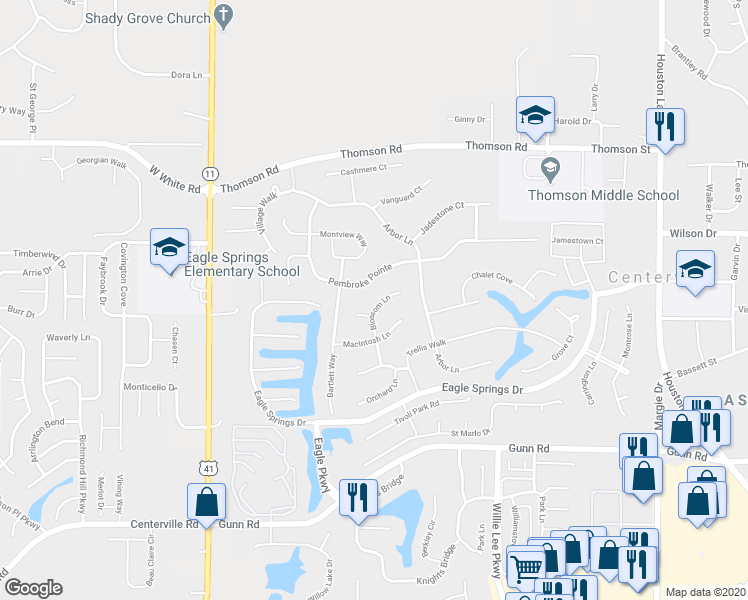 map of restaurants, bars, coffee shops, grocery stores, and more near 303 Blossom Lane in Centerville