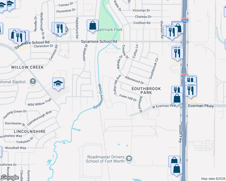 map of restaurants, bars, coffee shops, grocery stores, and more near 8308 Cutter Hill Avenue in Fort Worth