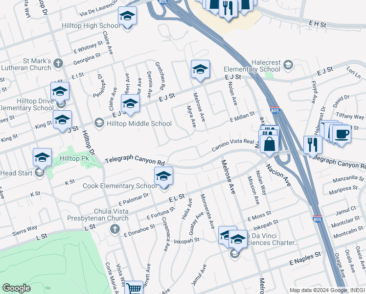 map of restaurants, bars, coffee shops, grocery stores, and more near 169 Camino Entrada in Chula Vista