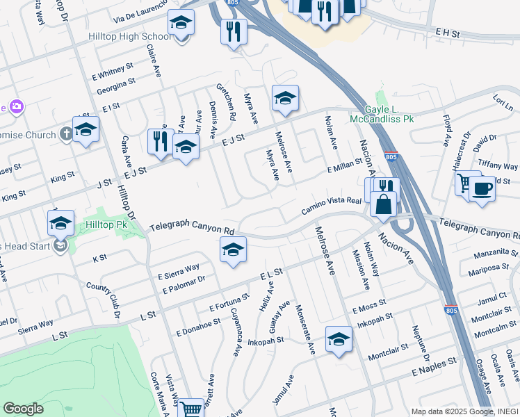 map of restaurants, bars, coffee shops, grocery stores, and more near 169 Camino Entrada in Chula Vista