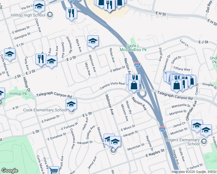 map of restaurants, bars, coffee shops, grocery stores, and more near 246 Camino Vista Real in Chula Vista