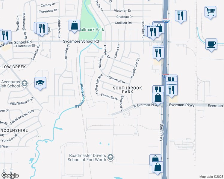map of restaurants, bars, coffee shops, grocery stores, and more near 340 Dakota Ridge Drive in Fort Worth