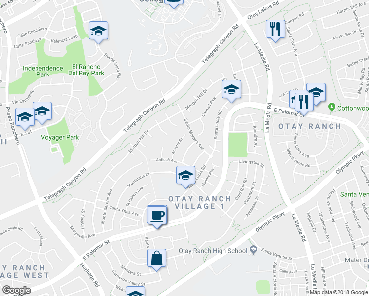 map of restaurants, bars, coffee shops, grocery stores, and more near 1230 Farmerville Street in Chula Vista