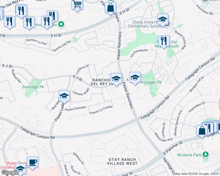 map of restaurants, bars, coffee shops, grocery stores, and more near 1098 East J Street in Chula Vista
