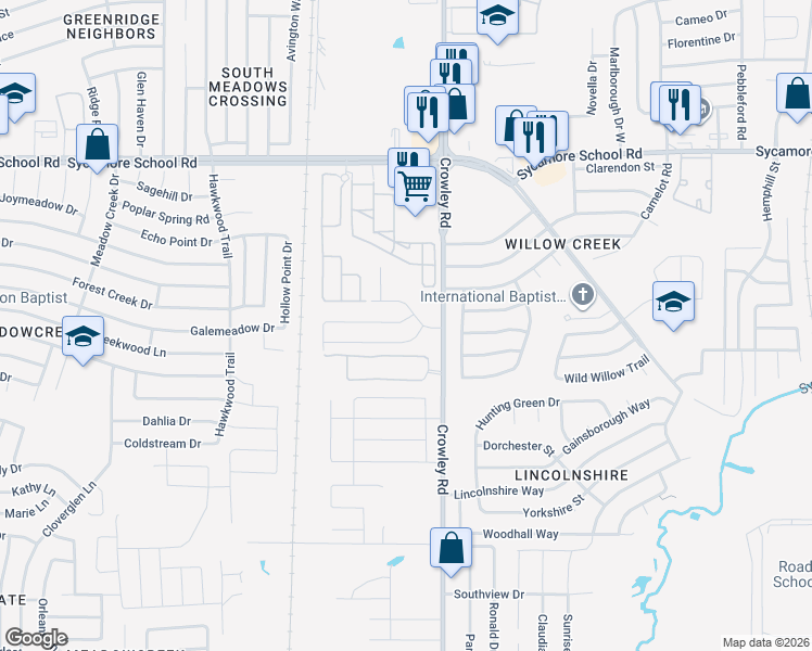 map of restaurants, bars, coffee shops, grocery stores, and more near 2005 Deniro Drive in Fort Worth