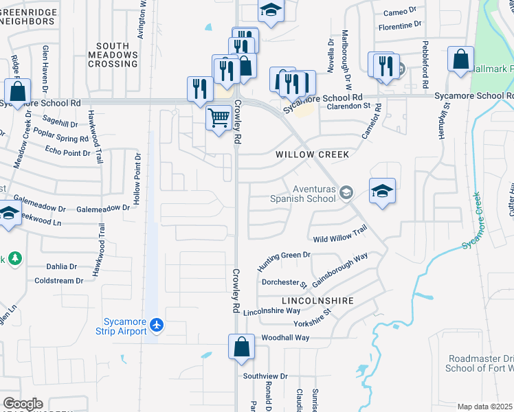 map of restaurants, bars, coffee shops, grocery stores, and more near 1928 Berrybrook Drive in Fort Worth