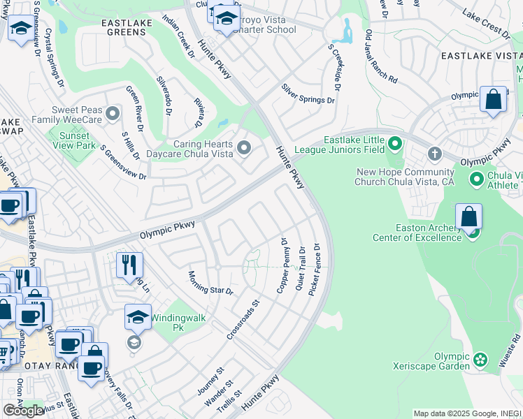 map of restaurants, bars, coffee shops, grocery stores, and more near 1548 Copper Penny Drive in Chula Vista