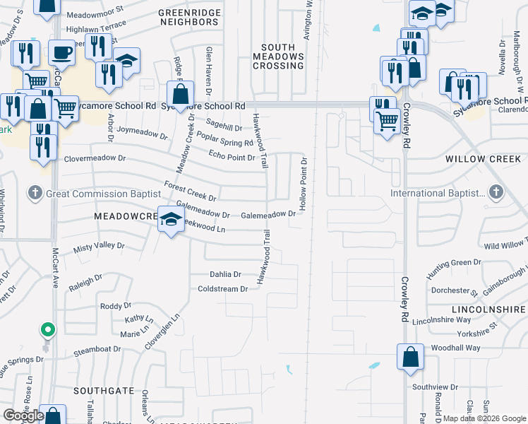 map of restaurants, bars, coffee shops, grocery stores, and more near 2508 Galemeadow Drive in Fort Worth
