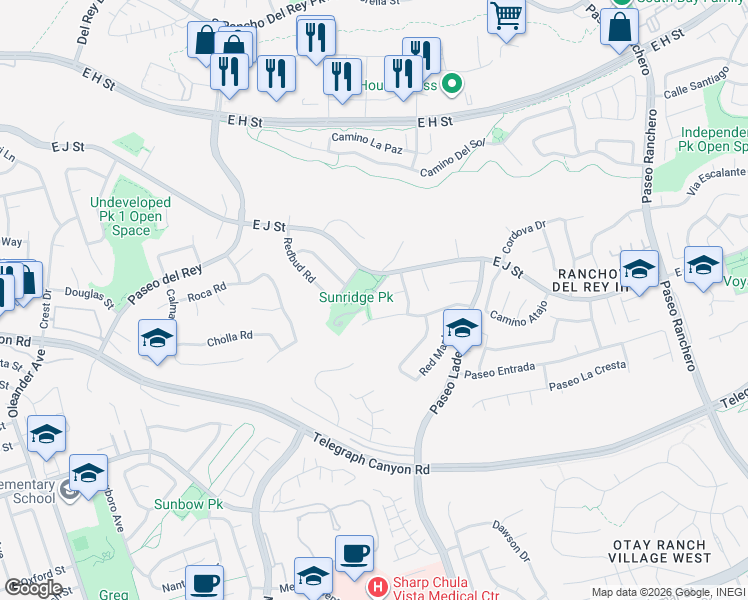 map of restaurants, bars, coffee shops, grocery stores, and more near 852 Gold Oak Ct in Chula Vista
