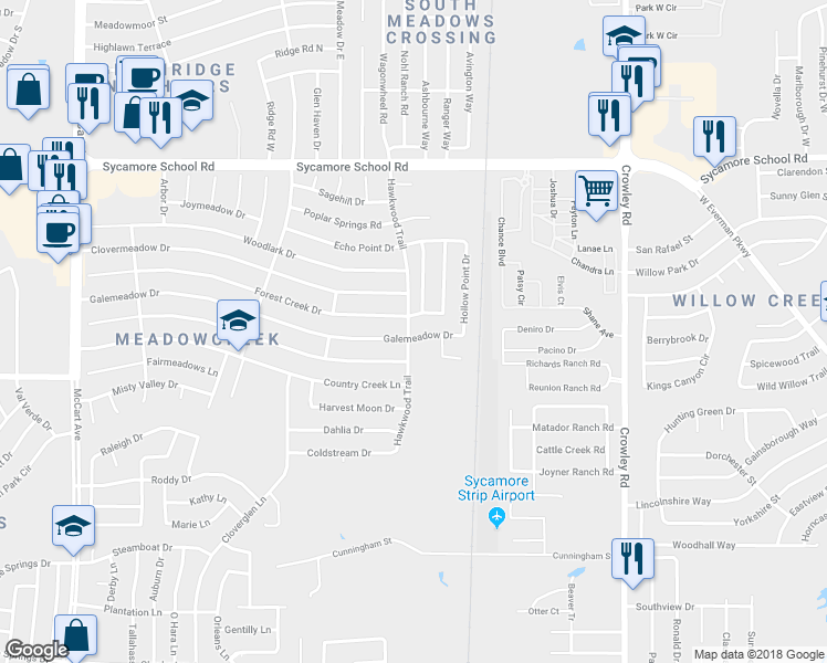 map of restaurants, bars, coffee shops, grocery stores, and more near 2452 Galemeadow Drive in Fort Worth