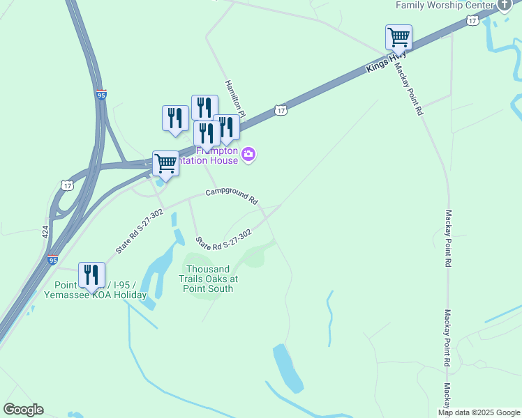 map of restaurants, bars, coffee shops, grocery stores, and more near 634 Campground Road in Yemassee