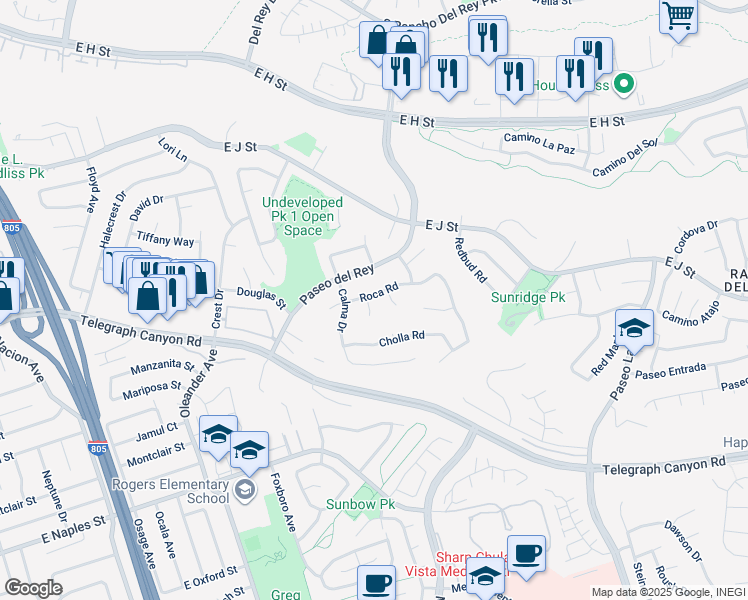 map of restaurants, bars, coffee shops, grocery stores, and more near 975 Roca Place in Chula Vista