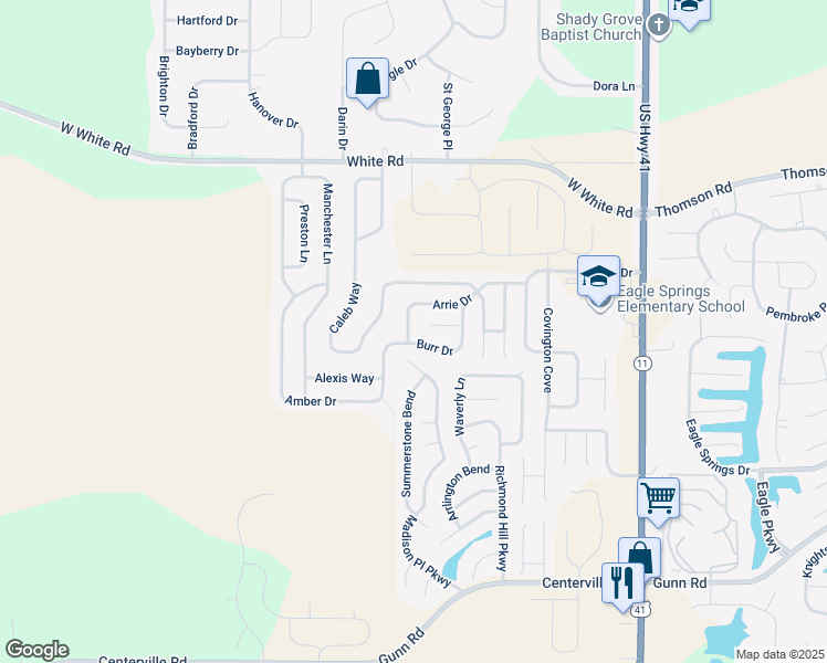 map of restaurants, bars, coffee shops, grocery stores, and more near 525 Arrie Dr in Byron