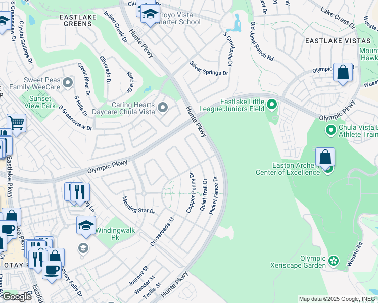map of restaurants, bars, coffee shops, grocery stores, and more near 1550 Quiet Trail Drive in Chula Vista