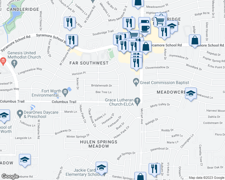 map of restaurants, bars, coffee shops, grocery stores, and more near 3728 Bee Tree Lane in Fort Worth