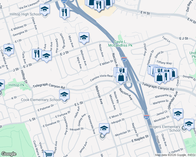 map of restaurants, bars, coffee shops, grocery stores, and more near 246 Camino Vista Real in Chula Vista