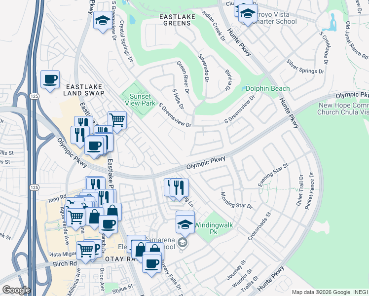 map of restaurants, bars, coffee shops, grocery stores, and more near 1475 Knollwood Place in Chula Vista