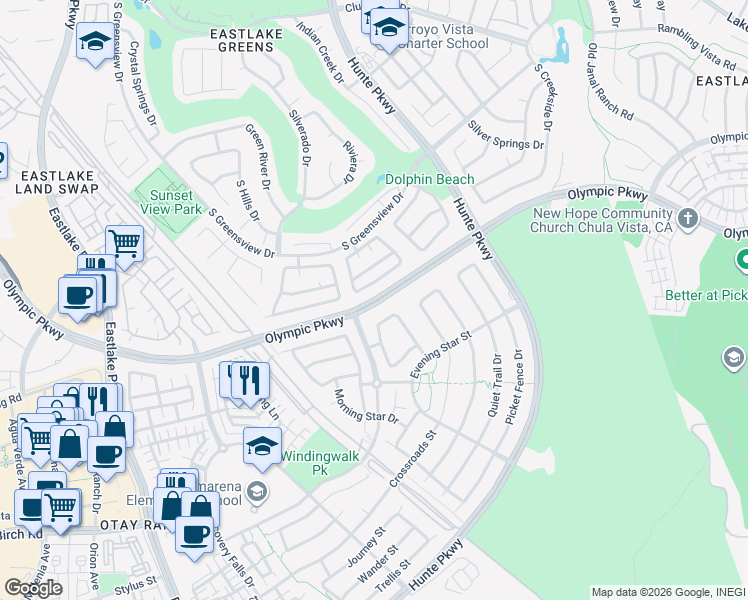 map of restaurants, bars, coffee shops, grocery stores, and more near Olympic Parkway in Chula Vista