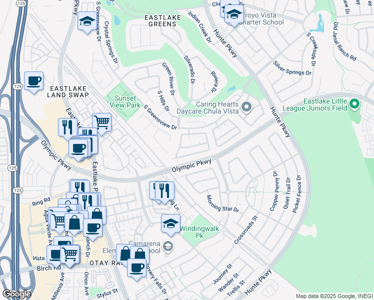 map of restaurants, bars, coffee shops, grocery stores, and more near 2348 Feather River Road in Chula Vista
