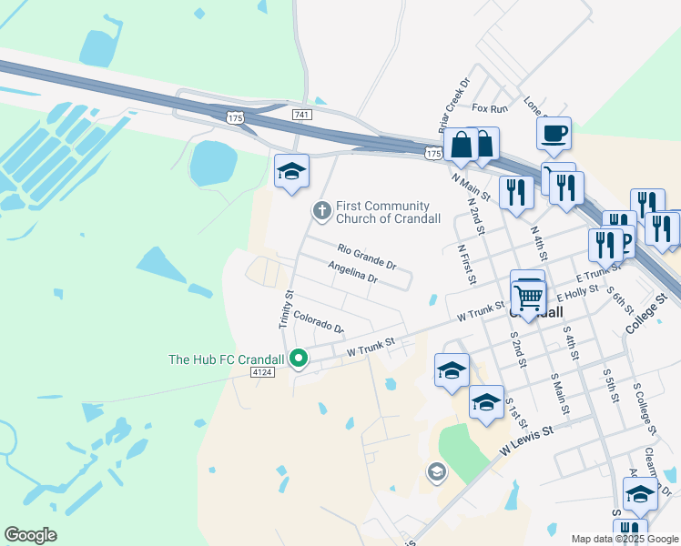 map of restaurants, bars, coffee shops, grocery stores, and more near 121 Angelina Dr in Crandall