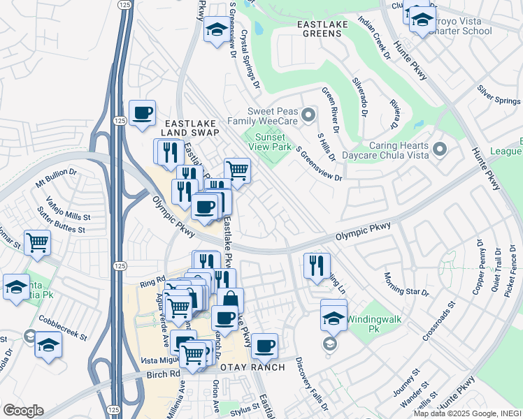 map of restaurants, bars, coffee shops, grocery stores, and more near 1453 Caminito Sardinia in Chula Vista