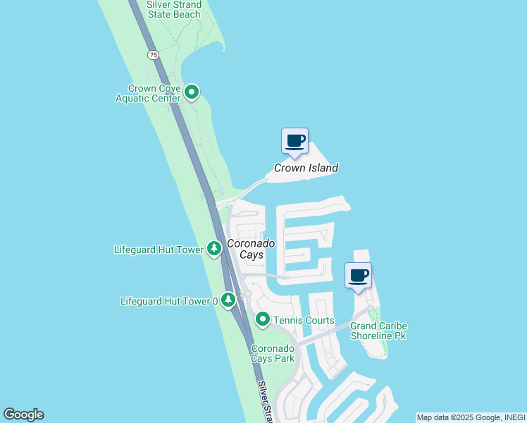 map of restaurants, bars, coffee shops, grocery stores, and more near 75 Montego Court in Coronado