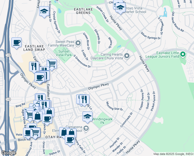 map of restaurants, bars, coffee shops, grocery stores, and more near 2352 Feather River Road in Chula Vista