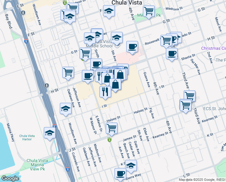 map of restaurants, bars, coffee shops, grocery stores, and more near 555 Broadway in Chula Vista
