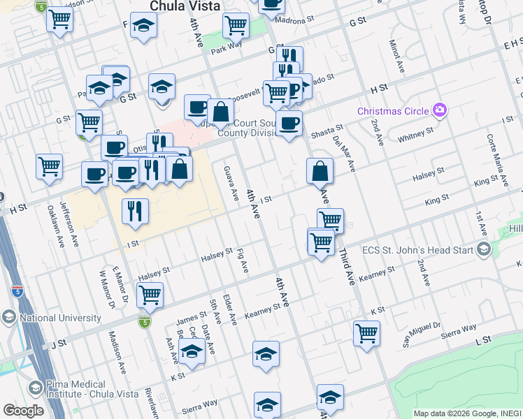 map of restaurants, bars, coffee shops, grocery stores, and more near 605 4th Avenue in Chula Vista