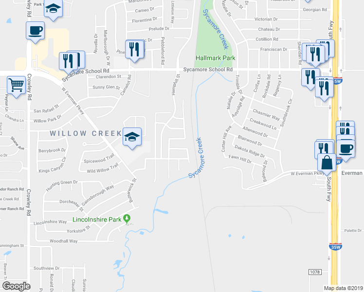 map of restaurants, bars, coffee shops, grocery stores, and more near 8325 Whispering Willow Lane in Fort Worth