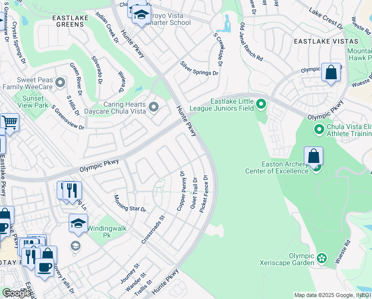 map of restaurants, bars, coffee shops, grocery stores, and more near 1550 Quiet Trail Drive in Chula Vista