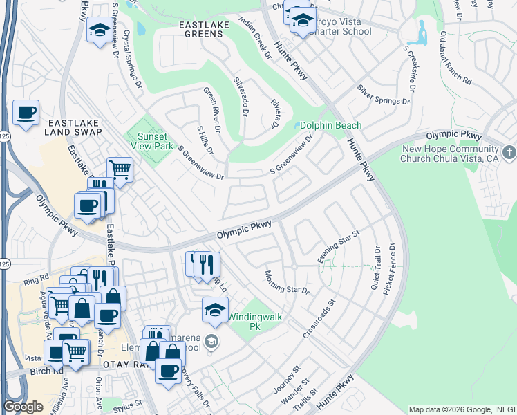 map of restaurants, bars, coffee shops, grocery stores, and more near 2383 Peacock Valley Road in Chula Vista