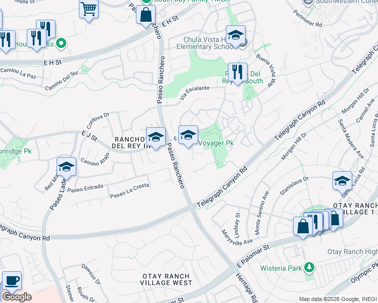map of restaurants, bars, coffee shops, grocery stores, and more near 1174 East J Street in Chula Vista