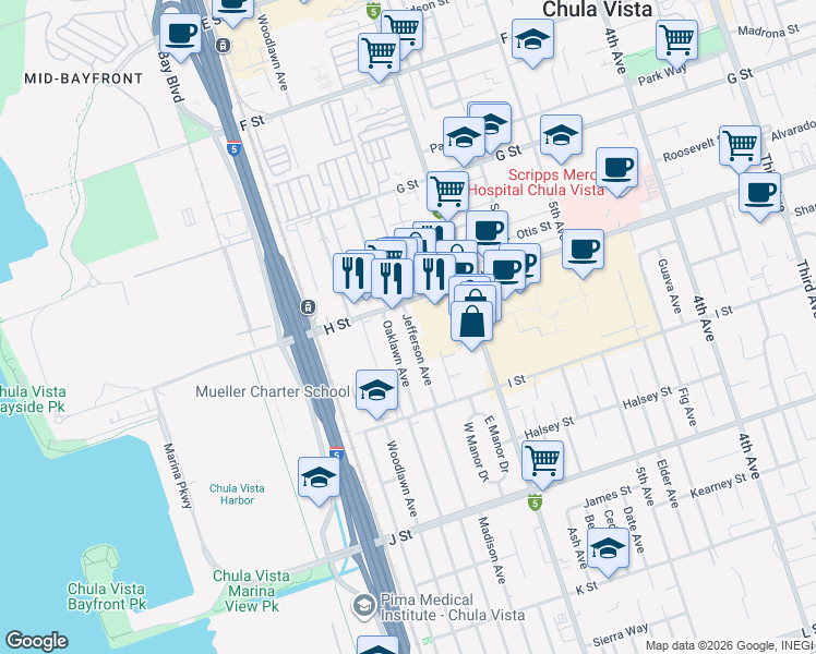 map of restaurants, bars, coffee shops, grocery stores, and more near 518 Jefferson Avenue in Chula Vista