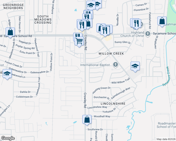map of restaurants, bars, coffee shops, grocery stores, and more near 1953 Kings Canyon Circle in Fort Worth