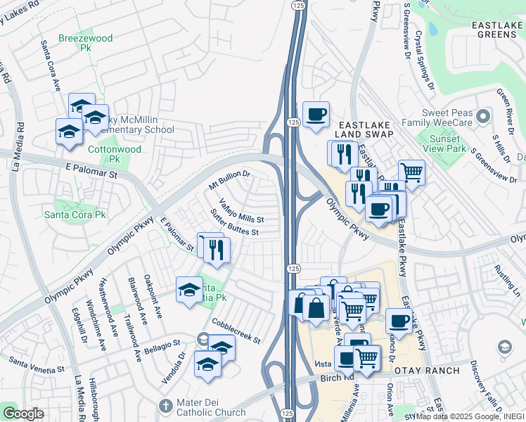 map of restaurants, bars, coffee shops, grocery stores, and more near 1416 Wooden Valley Street in Chula Vista