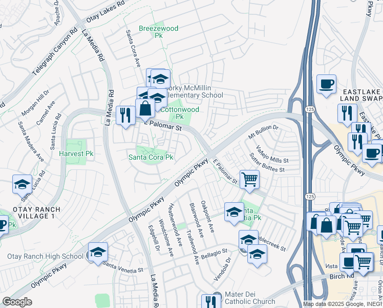 map of restaurants, bars, coffee shops, grocery stores, and more near 1415 Caminito Capistrano in Chula Vista