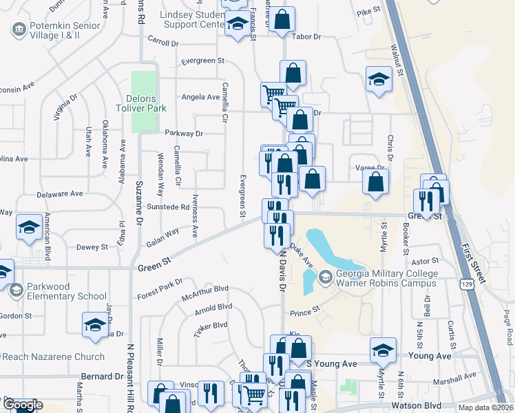 map of restaurants, bars, coffee shops, grocery stores, and more near 106 Green Street in Warner Robins