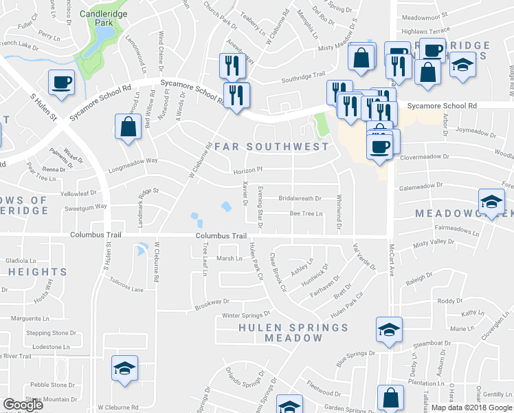 map of restaurants, bars, coffee shops, grocery stores, and more near 7724 Evening Star Drive in Fort Worth