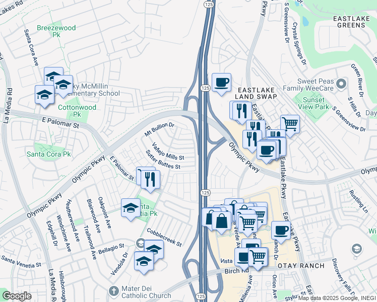 map of restaurants, bars, coffee shops, grocery stores, and more near 1416 Wooden Valley Street in Chula Vista
