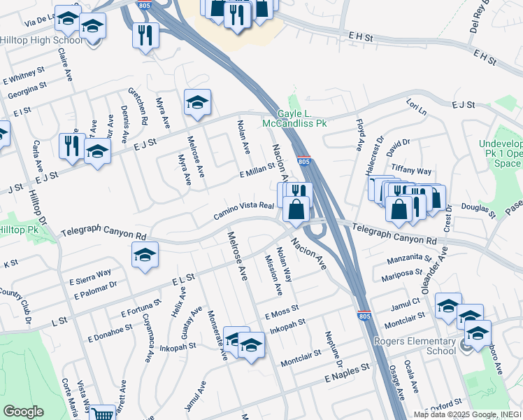 map of restaurants, bars, coffee shops, grocery stores, and more near 282 Camino Vista Real in Chula Vista