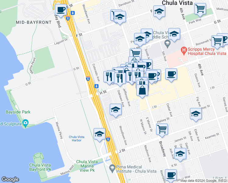 map of restaurants, bars, coffee shops, grocery stores, and more near 698 H Street in Chula Vista
