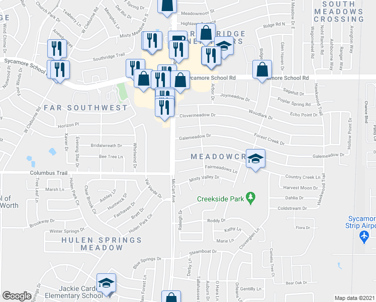 map of restaurants, bars, coffee shops, grocery stores, and more near 3401 Creekwood Lane in Fort Worth