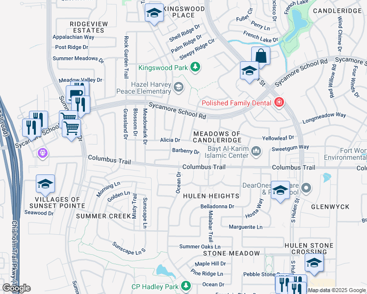map of restaurants, bars, coffee shops, grocery stores, and more near 4908 Barberry Drive in Fort Worth