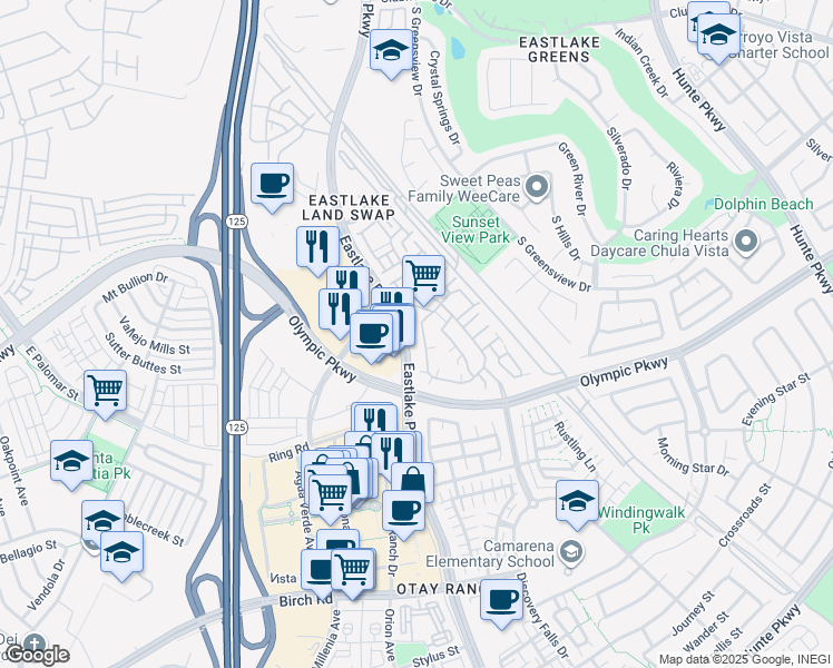 map of restaurants, bars, coffee shops, grocery stores, and more near 1448 Caminito Sicilia in Chula Vista