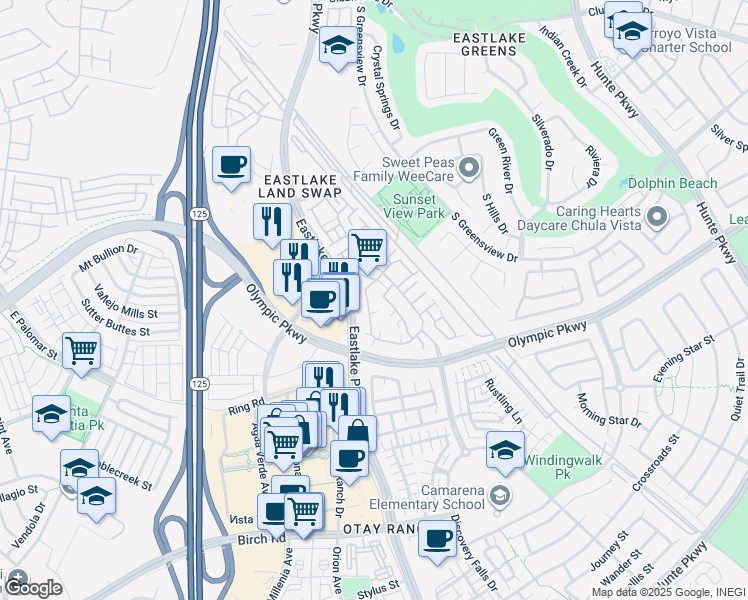 map of restaurants, bars, coffee shops, grocery stores, and more near 1445 Caminito Sicilia in Chula Vista