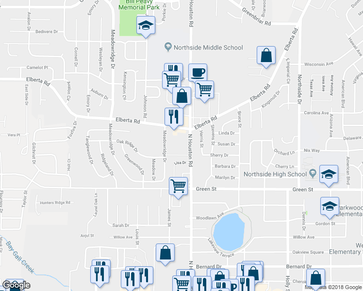 map of restaurants, bars, coffee shops, grocery stores, and more near 735 North Houston Road in Warner Robins