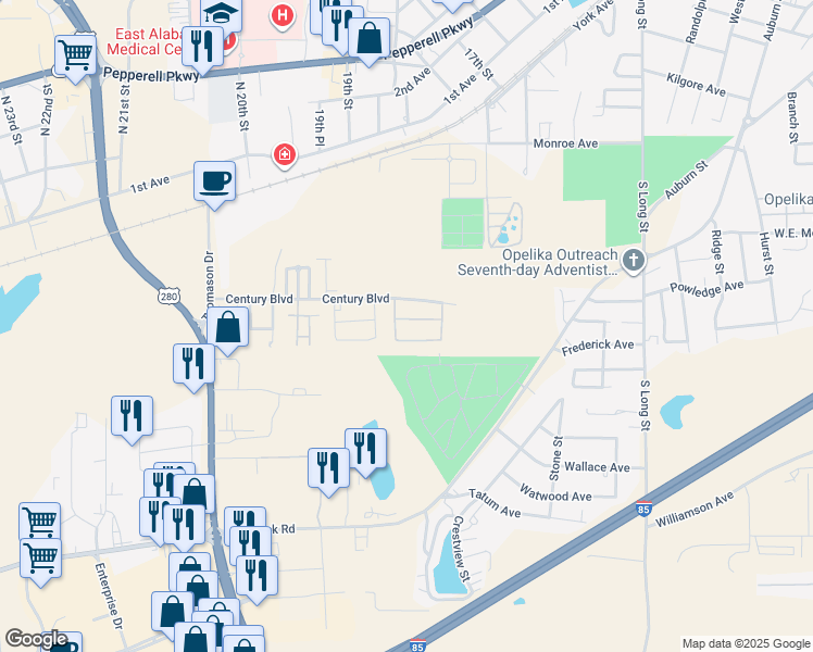 map of restaurants, bars, coffee shops, grocery stores, and more near 1960 Solstice Circle in Opelika