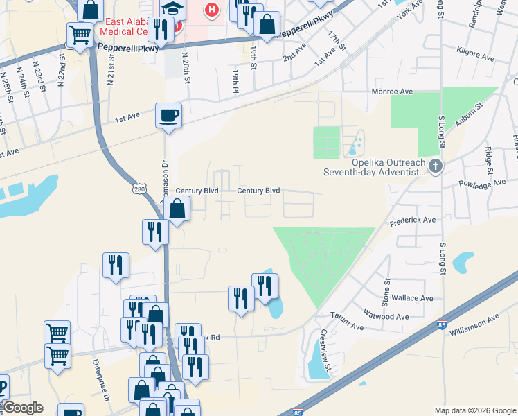 map of restaurants, bars, coffee shops, grocery stores, and more near 1929 Shiloh Loop in Opelika